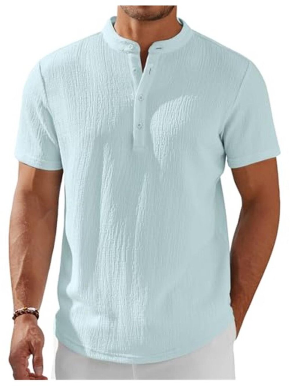 Mens Short Sleeve Henley Shirt Textured Button Pullover Casual Beach Summer Top